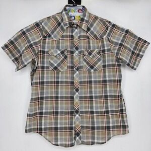 Vintage Border Town Shirt Mens Large‎ Western Pearl Snap Short Sleeve Plaid